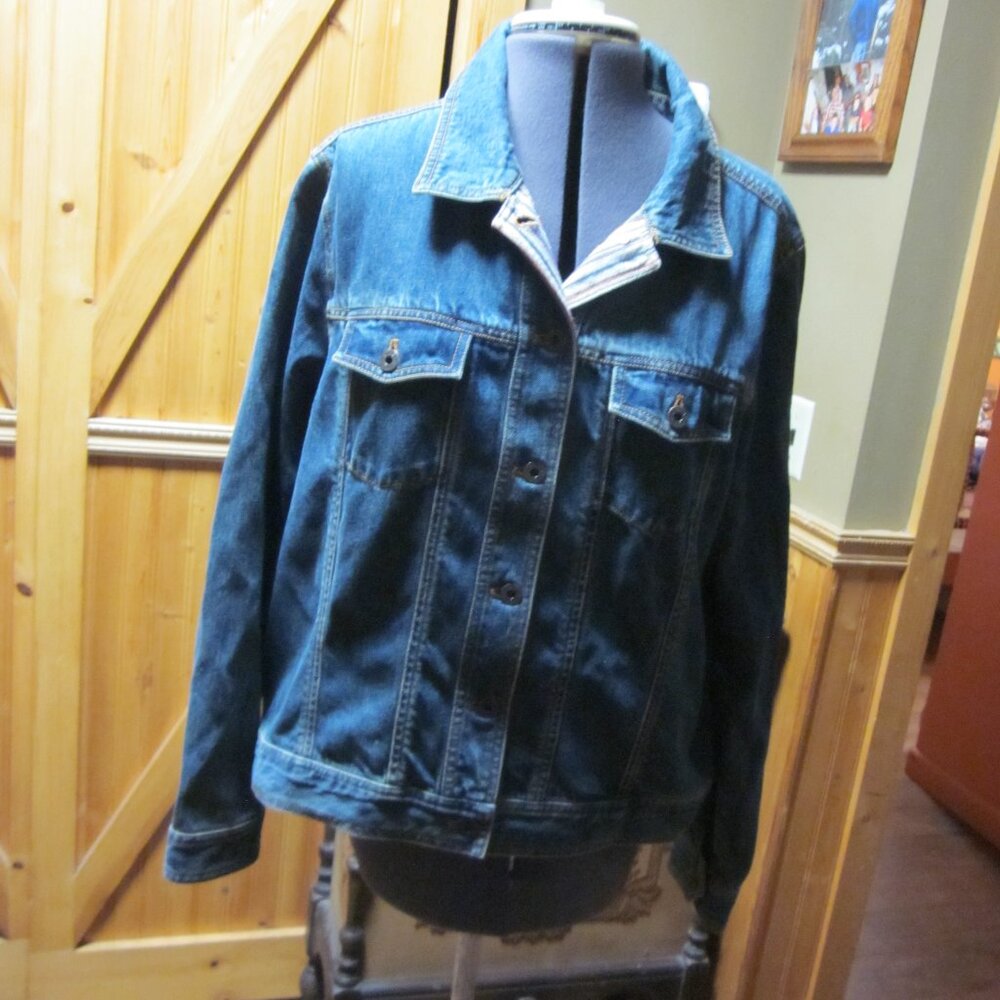 LL Bean ladies Jean Jacket stripe accents on collar cuffs large